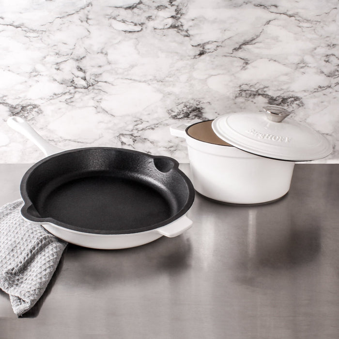 BergHOFF Neo 3pc Cast Iron Cookware Set, Fry Pan & Round Dutch Oven, White - Cookware Sets