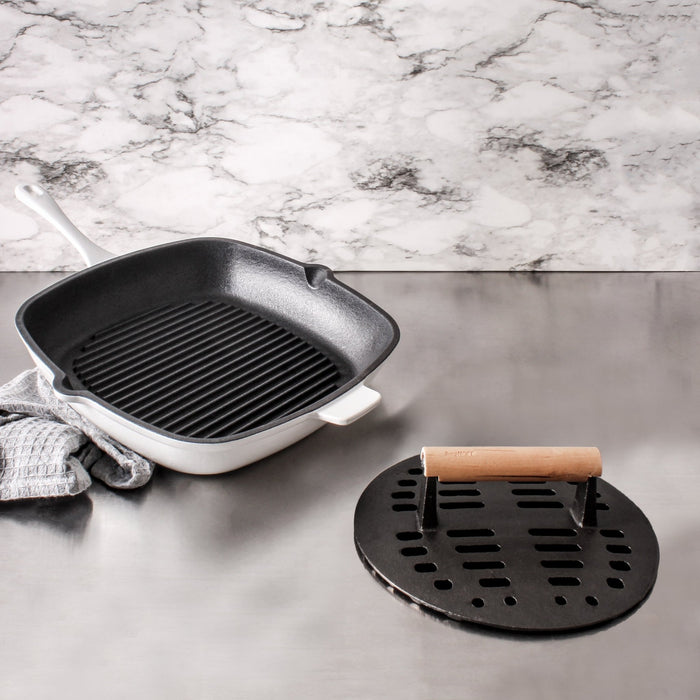 BergHOFF Neo 2pc Cast Iron 11" Grill Pan with Slotted Steak Press, White - Cookware Sets