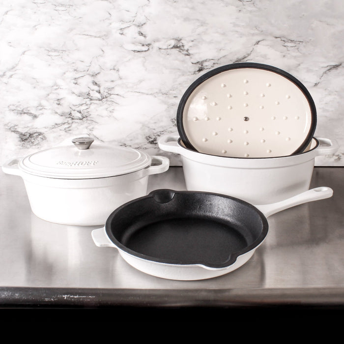 BergHOFF Neo 5pc Cast Iron Oval Dutch Oven Set with 10" Fry Pan, 5qt. & 8qt., White - Cookware Sets