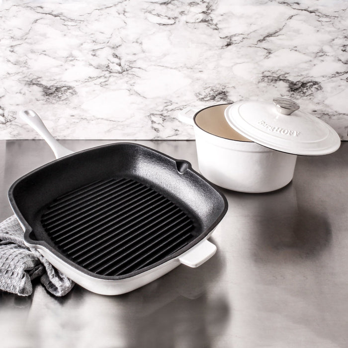 BergHOFF Neo 3pc Cast Iron Cookware Set, Grill Pan & Round Dutch Oven, White - Cookware Sets