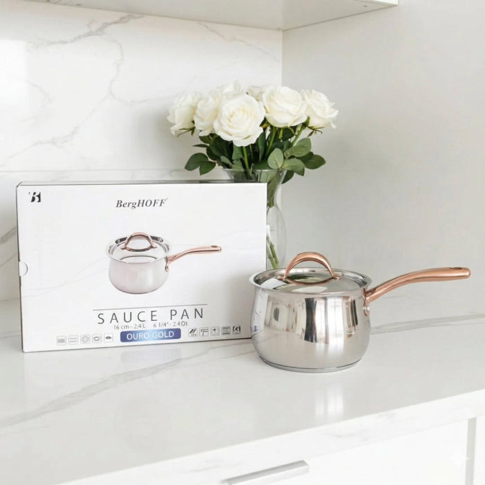 BergHOFF Ouro Gold 18/10 Stainless Steel 6.25" Saucepan with SS Lid, 2.5qt. - Saucepans