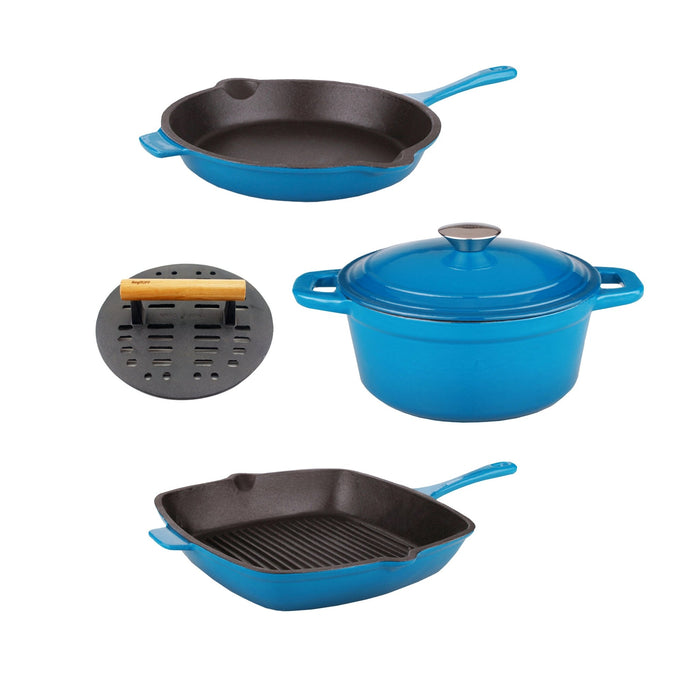 BergHOFF Neo 5pc Cast Iron Cookware Set with Slotted Steak Press, Blue - Cookware Sets