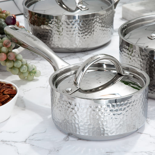 Image 2 of Vintage Tri-Ply 18/10 Stainless Steel 5.5" Saucepan 1qt. with Lid, Hammered