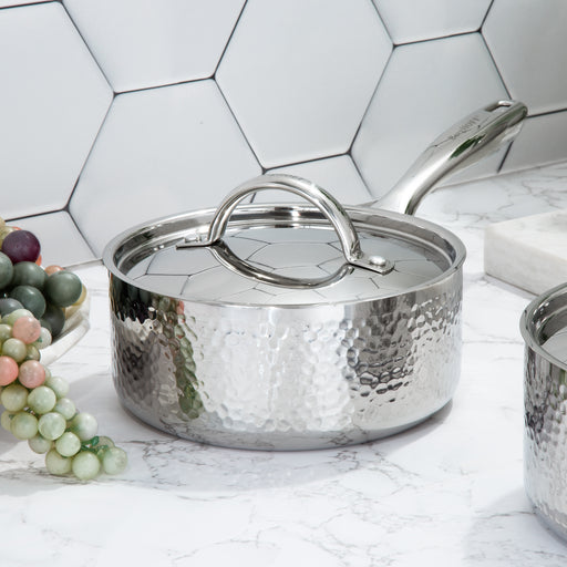 Image 01 of Vintage Tri-Ply 18/10 Stainless Steel 7" Saucepan 2qt. with Lid, Hammered