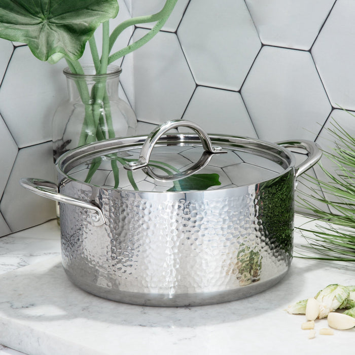 BergHOFF Vintage Tri-Ply 18/10 Stainless Steel 9.5" stockpot 5.5qt. with Lid, Hammered - Stock Pots