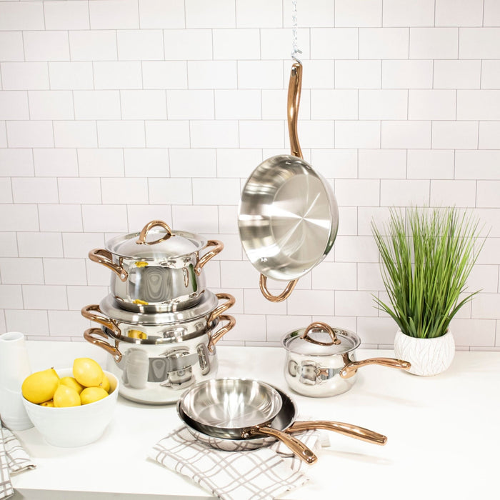 BergHOFF Ouro Gold 10Pc 18/10 Stainless Steel Cookware Set, SS Lids, Rose Gold Handles - Cookware Sets