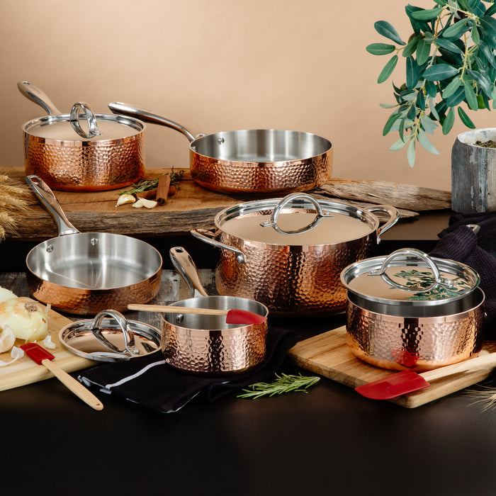 Image 01 of Vintage 13pc Tri-Ply Copper Cookware Set with Lids, Hammered