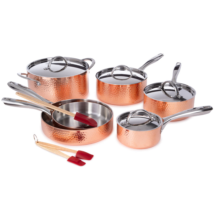 Image 2 of Vintage 13pc Tri-Ply Copper Cookware Set with Lids, Hammered
