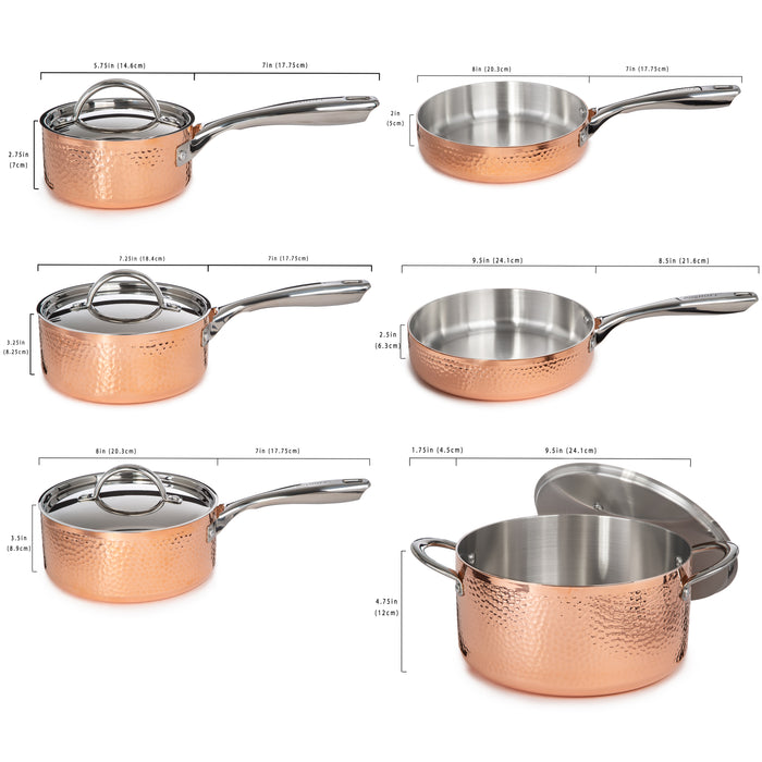 Image 10 of Vintage 13pc Tri-Ply Copper Cookware Set with Lids, Hammered