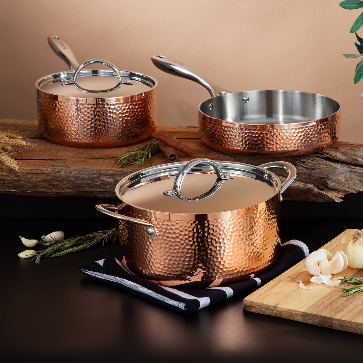 Vintage 5pc Tri-Ply Copper Cookware Set with Lids, Hammered — BergHOFF