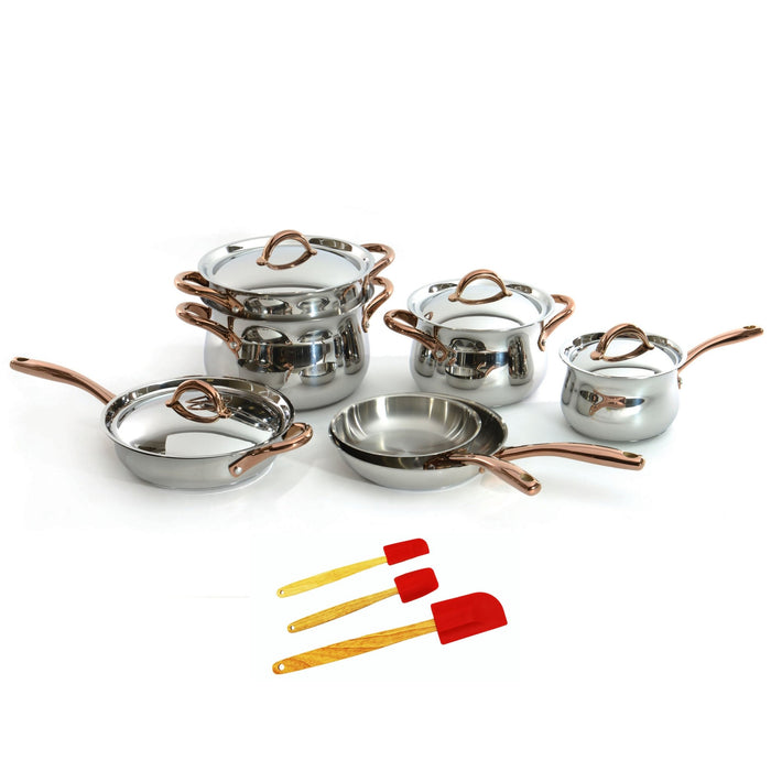 BergHOFF Ouro Gold 14pc 18/10 Stainless Steel Cookware Set, Rose Gold Handles, Metal Lids - Cookware Sets