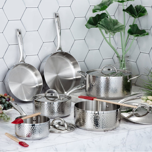 BergHOFF Vintage 13pc Tri-Ply 18/10 Stainless Steel Cookware with Spatulas Set, SS Lids, Hammered - Cookware Sets