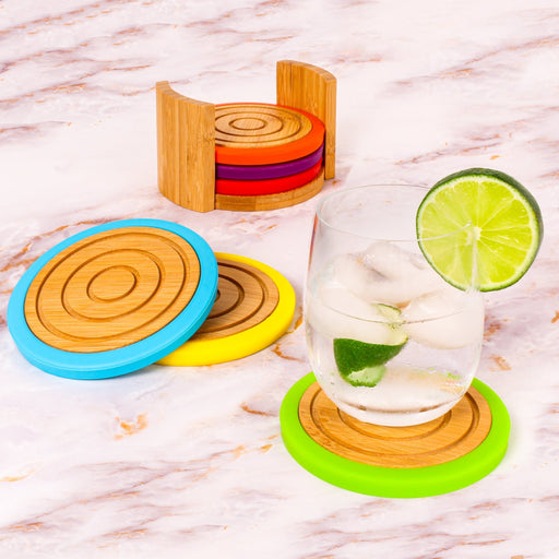 BergHOFF Bamboo 7pc Coaster Set with Silicone Rims, Multicolor - Coasters