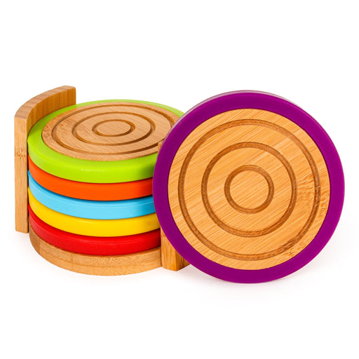BergHOFF Bamboo 7pc Coaster Set with Silicone Rims, Multicolor - Coasters