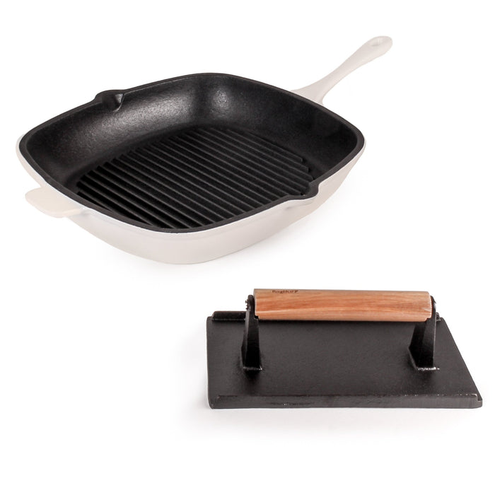 BergHOFF Neo 2pc Cast Iron 11" Grill Pan with Steak Press, Meringue - Cookware Sets