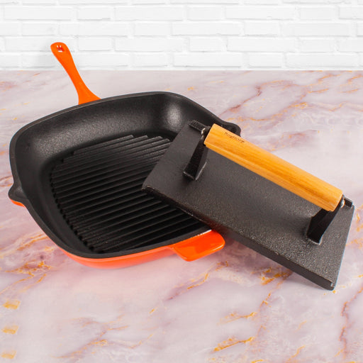 BergHOFF Neo 2pc Cast Iron 11" Grill Pan with Steak Press, Orange - Cookware Sets