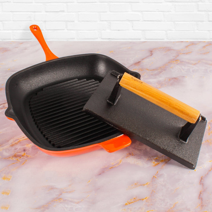 BergHOFF Neo 2pc Cast Iron 11" Grill Pan with Steak Press, Orange - Cookware Sets