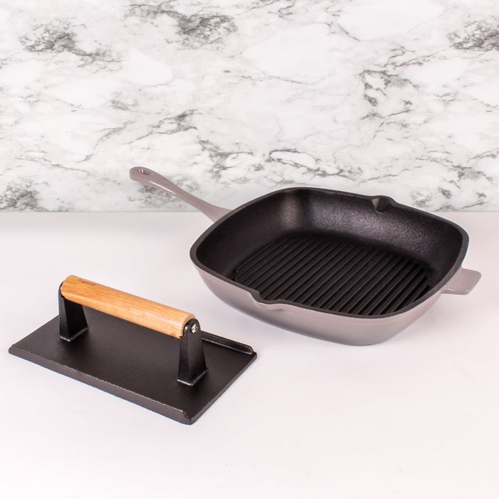BergHOFF Neo 2pc Cast Iron 11" Grill Pan with Steak Press, Oyster - Cookware Sets