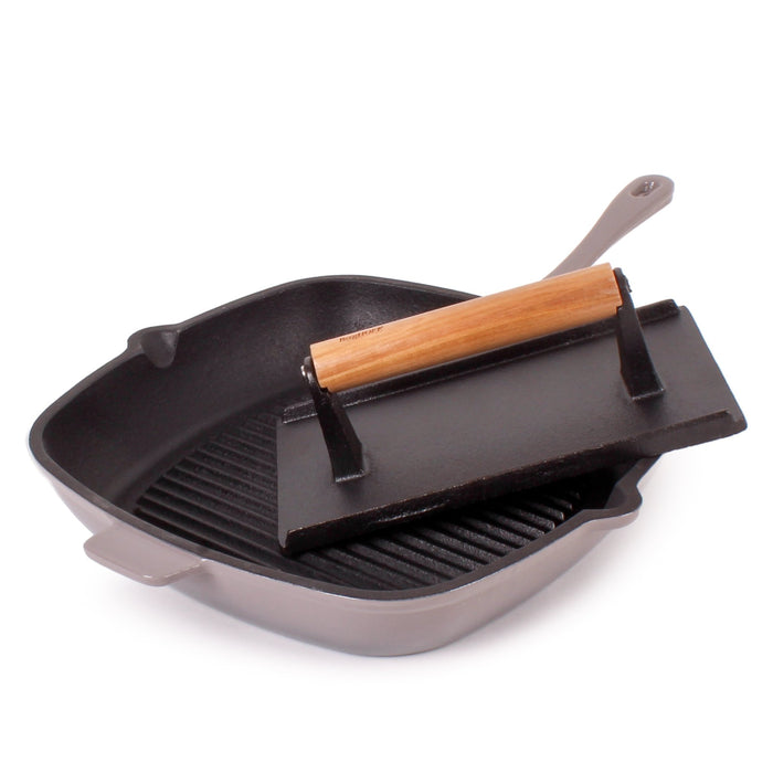 BergHOFF Neo 2pc Cast Iron 11" Grill Pan with Steak Press, Oyster - Cookware Sets