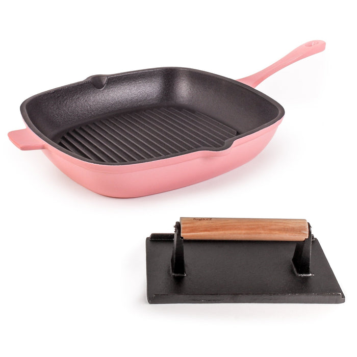 BergHOFF Neo 2pc Cast Iron 11" Grill Pan with Steak Press, Pink - Cookware Sets