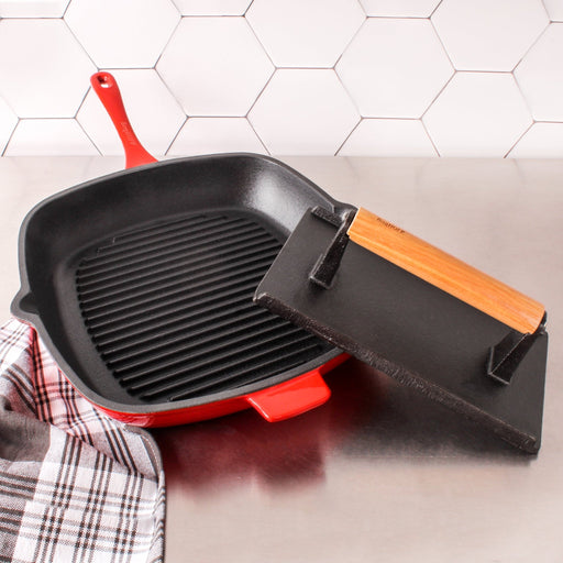 BergHOFF Neo 2pc Cast Iron 11" Grill Pan with Steak Press, Red - Cookware Sets