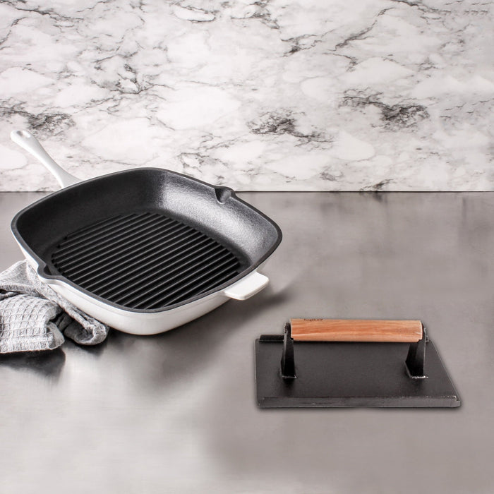 BergHOFF Neo 2pc Cast Iron 11" Grill Pan with Steak Press, White - Cookware Sets