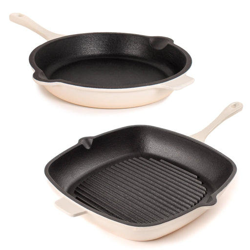 BergHOFF Neo 2pc Cast Iron 10" Fry Pan & 11" Grill Pan Cookware Set, Meringue - Cookware Sets
