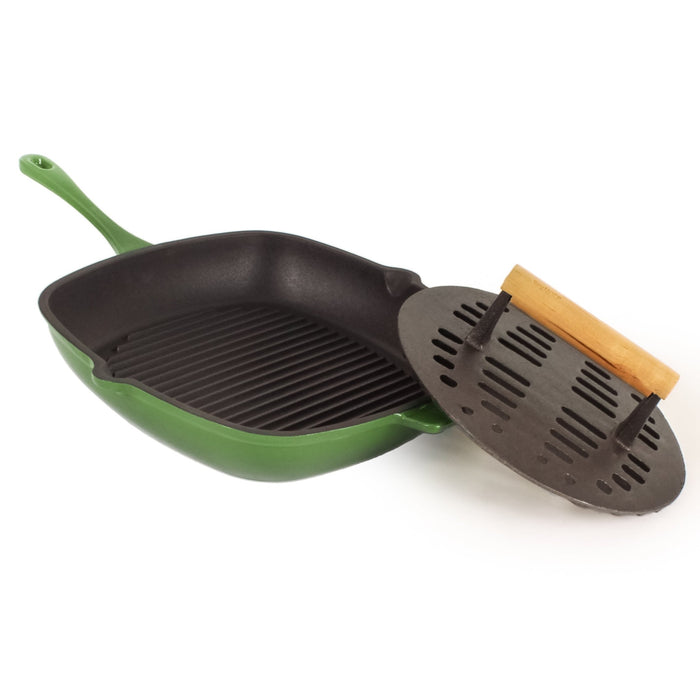 BergHOFF Neo 2pc Cast Iron 11" Grill Pan with Slotted Steak Press, Green - Cookware Sets