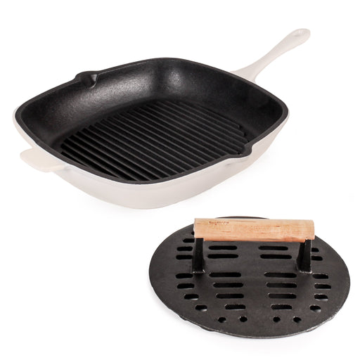 BergHOFF Neo 2pc Cast Iron 11" Grill Pan with Slotted Steak Press, Meringue - Cookware Sets