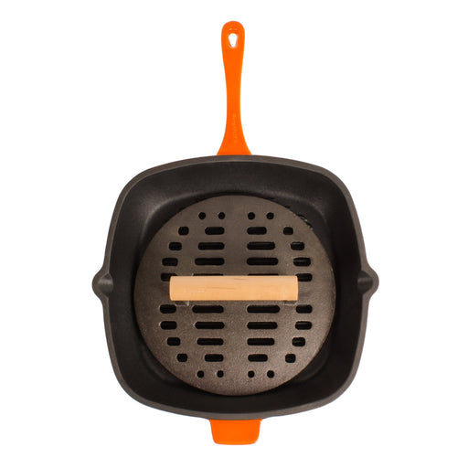 BergHOFF Neo 2pc Cast Iron 11" Grill Pan with Slotted Steak Press, Orange - Cookware Sets