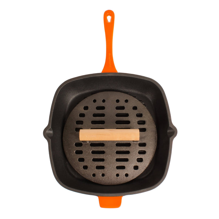 BergHOFF Neo 2pc Cast Iron 11" Grill Pan with Slotted Steak Press, Orange - Cookware Sets