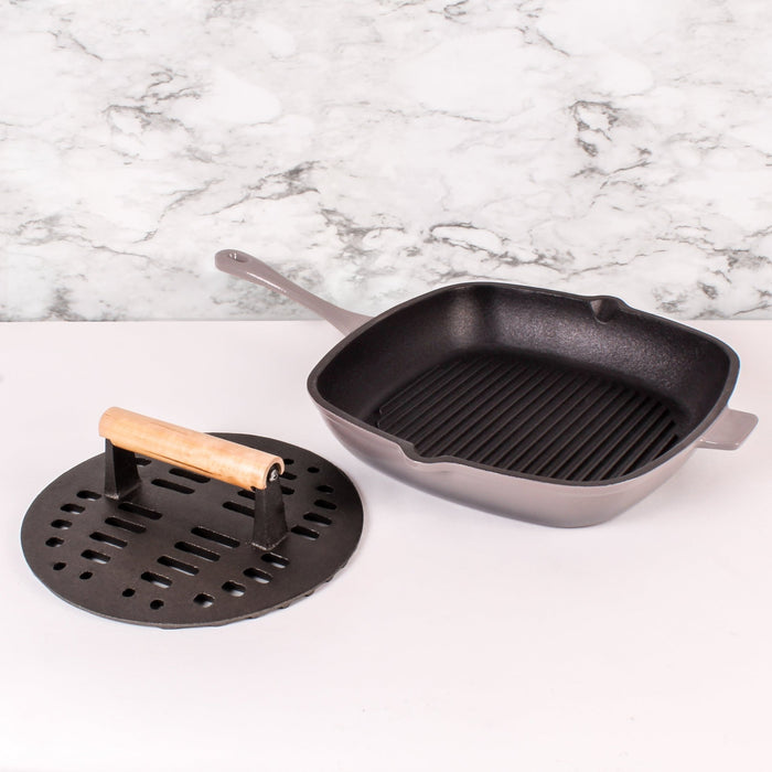 BergHOFF Neo 2pc Cast Iron 11" Grill Pan with Slotted Steak Press, Oyster - Cookware Sets