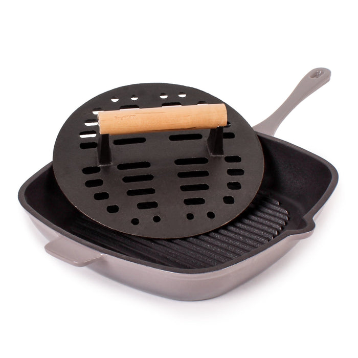BergHOFF Neo 2pc Cast Iron 11" Grill Pan with Slotted Steak Press, Oyster - Cookware Sets