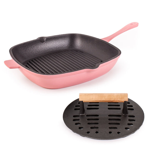BergHOFF Neo 2pc Cast Iron 11" Grill Pan with Slotted Steak Press, Pink - Cookware Sets