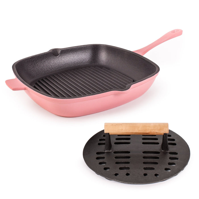 BergHOFF Neo 2pc Cast Iron 11" Grill Pan with Slotted Steak Press, Pink - Cookware Sets