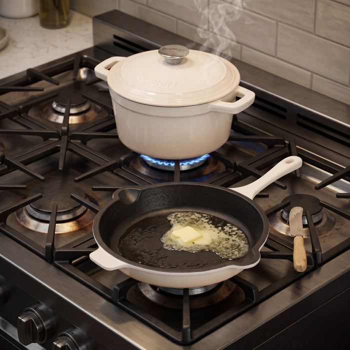 BergHOFF Neo 3pc Cast Iron Cookware Set, Fry Pan & Round Dutch Oven, Meringue - Cookware Sets