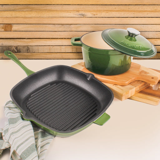 BergHOFF Neo 3pc Cast Iron Cookware Set, Grill Pan & Round Dutch Oven, Green - Cookware Sets