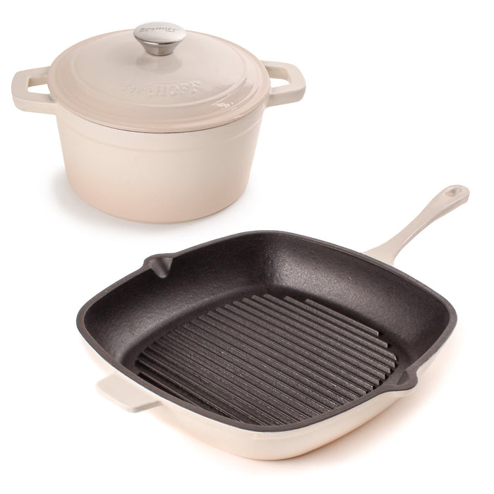 BergHOFF Neo 3pc Cast Iron Cookware Set, Grill Pan & Round Dutch Oven, Meringue - Cookware Sets
