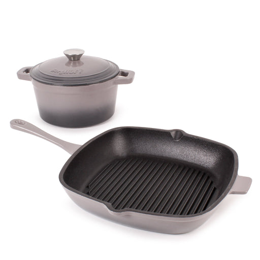 BergHOFF Neo 3pc Cast Iron Cookware Set, Grill Pan & Round Dutch Oven, Oyster - Cookware Sets