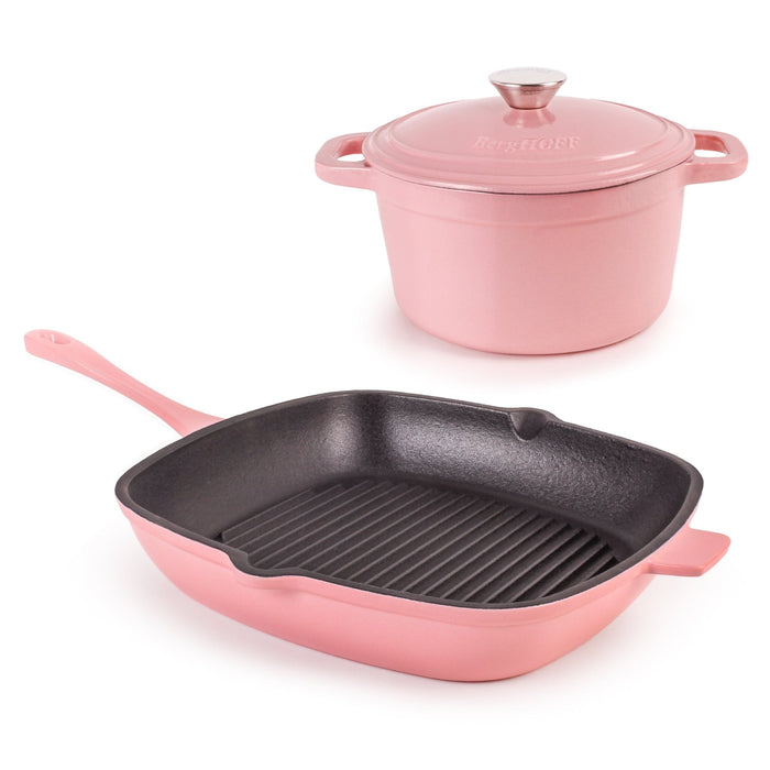 BergHOFF Neo 3pc Cast Iron Cookware Set, Grill Pan & Round Dutch Oven, Pink - Cookware Sets