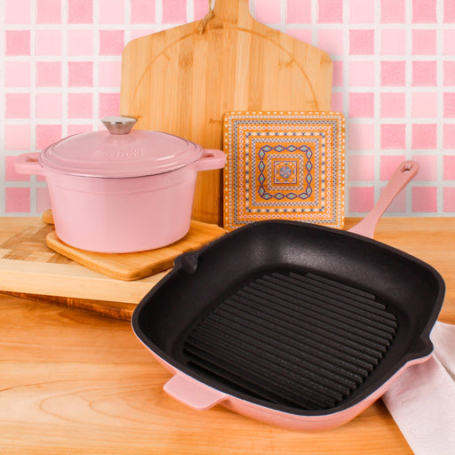BergHOFF Neo 3pc Cast Iron Cookware Set, Grill Pan & Round Dutch Oven, Pink - Cookware Sets