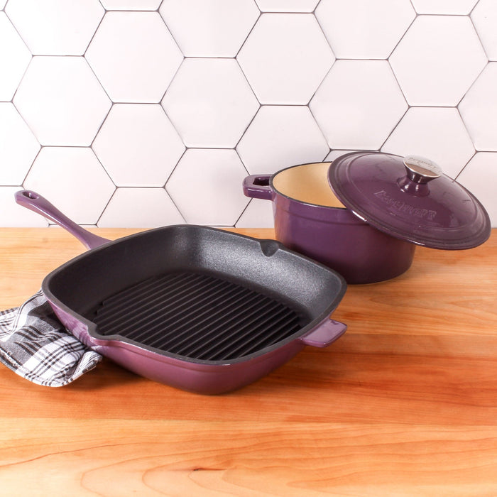BergHOFF Neo 3pc Cast Iron Cookware Set, Grill Pan & Round Dutch Oven, Purple - Cookware Sets