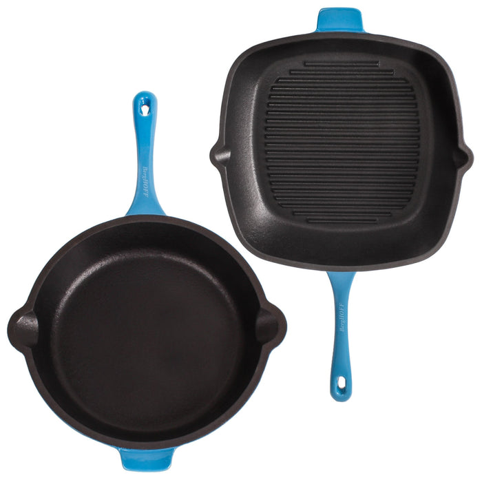 BergHOFF Neo 3pc Cast Iron Fry Pan & Grill Pan Set with Slotted Steak Press, Blue - Cookware Sets