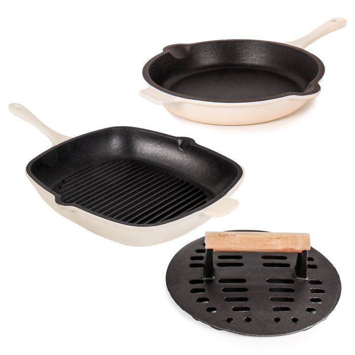 BergHOFF Neo 3pc Cast Iron Fry Pan & Grill Pan Set with Slotted Steak Press, Meringue - Cookware Sets