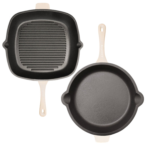 BergHOFF Neo 3pc Cast Iron Fry Pan & Grill Pan Set with Slotted Steak Press, Meringue - Cookware Sets