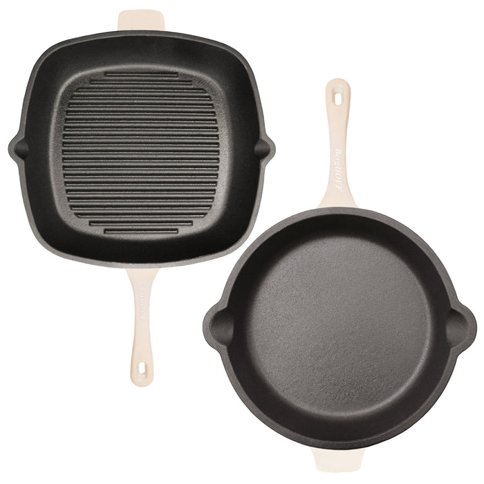 BergHOFF Neo 3pc Cast Iron Fry Pan & Grill Pan Set with Slotted Steak Press, Meringue - Cookware Sets