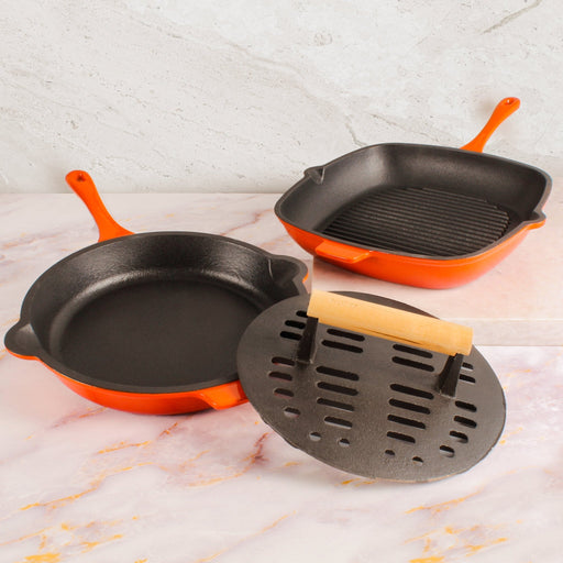 BergHOFF Neo 3pc Cast Iron Fry Pan & Grill Pan Set with Slotted Steak Press, Orange - Cookware Sets