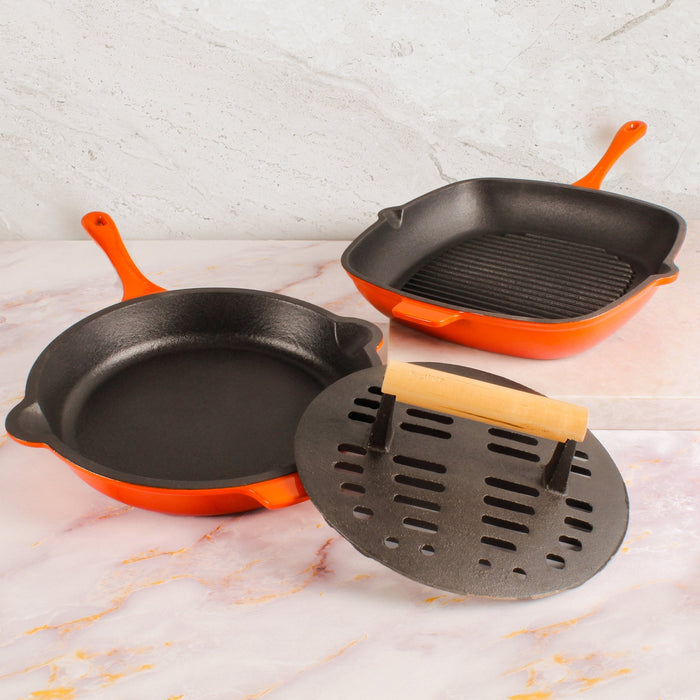 BergHOFF Neo 3pc Cast Iron Fry Pan & Grill Pan Set with Slotted Steak Press, Orange - Cookware Sets