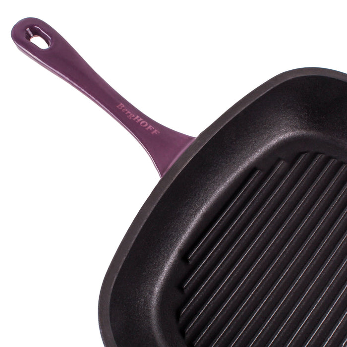 BergHOFF Neo 3pc Cast Iron Fry Pan & Grill Pan Set with Slotted Steak Press, Purple - Cookware Sets