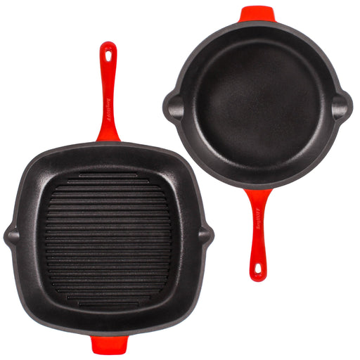 BergHOFF Neo 3pc Cast Iron Fry Pan & Grill Pan Set with Slotted Steak Press, Red - Cookware Sets